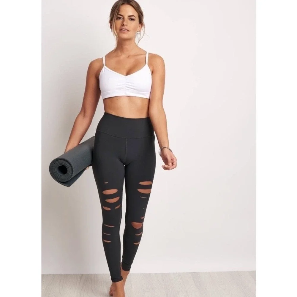 Alo Yoga Black High-Waist Warrior Shredded Laser Cut Leggings Womens Size Small